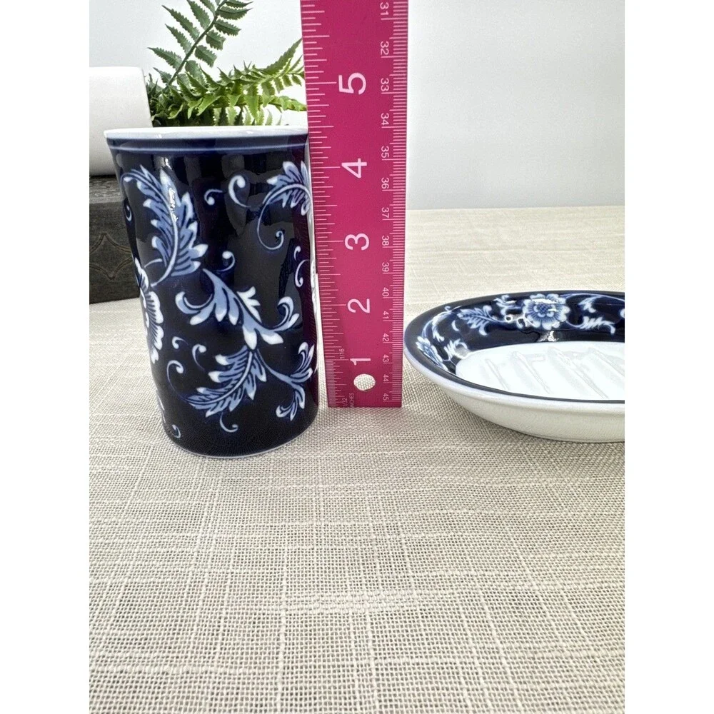 Pier 1 Imports Mandarin Cobalt Blue & White Soap Dish and Cup Toothbrush Holder